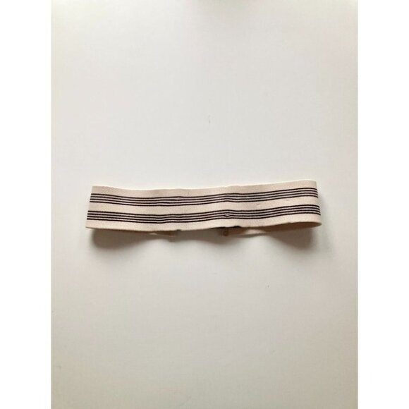 Vintage Brown Leather Beige Striped Stretch Canvas Brass Waist Belt, One Size - Picture 5 of 9
